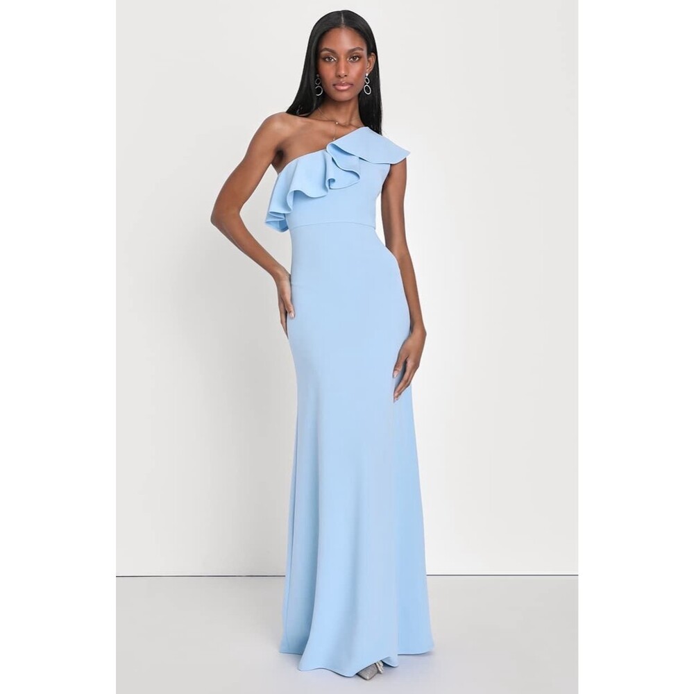 Lulu's Light Blue One-Shoulder Ruffle Maxi Dress - Picture 4 of 12